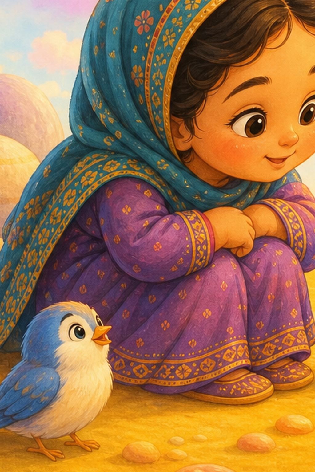 Illustration of a little girl in a patterned headscarf sitting with a bunny, a bluebird and a butterfly.
