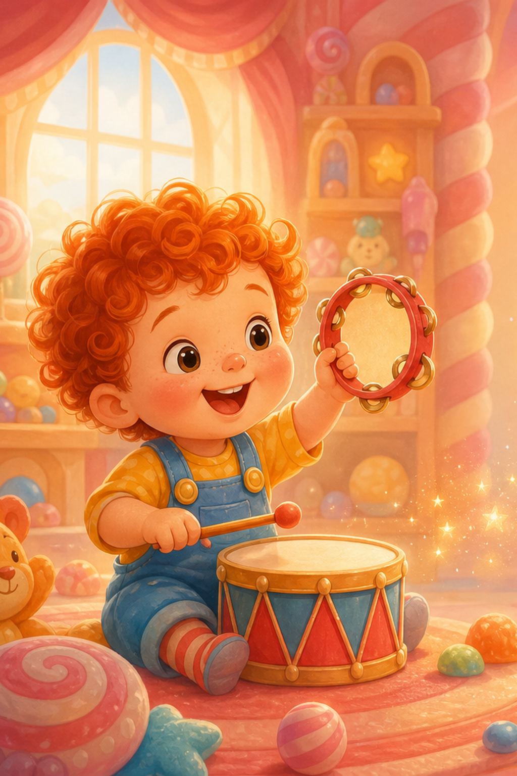 Illustration of a toddler playing a drum and shaking a tambourine in a cosy playroom.