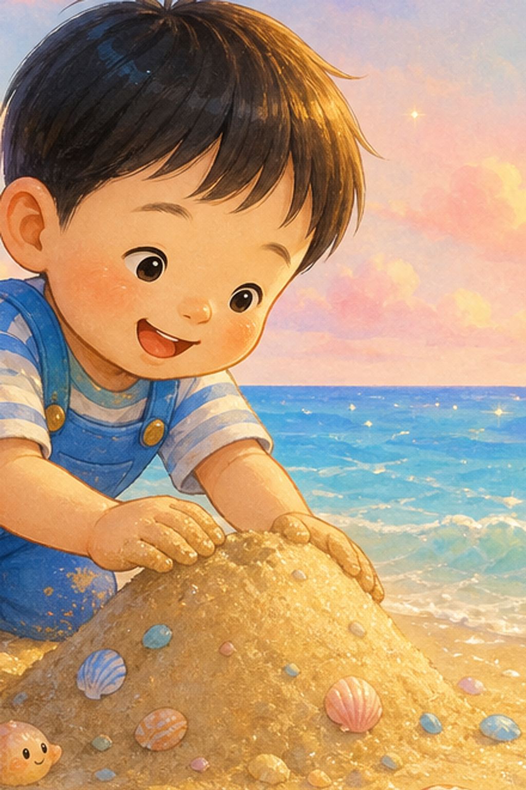Illustration of a toddler building a sandcastle on a sunny beach with shells and a smiling sun.