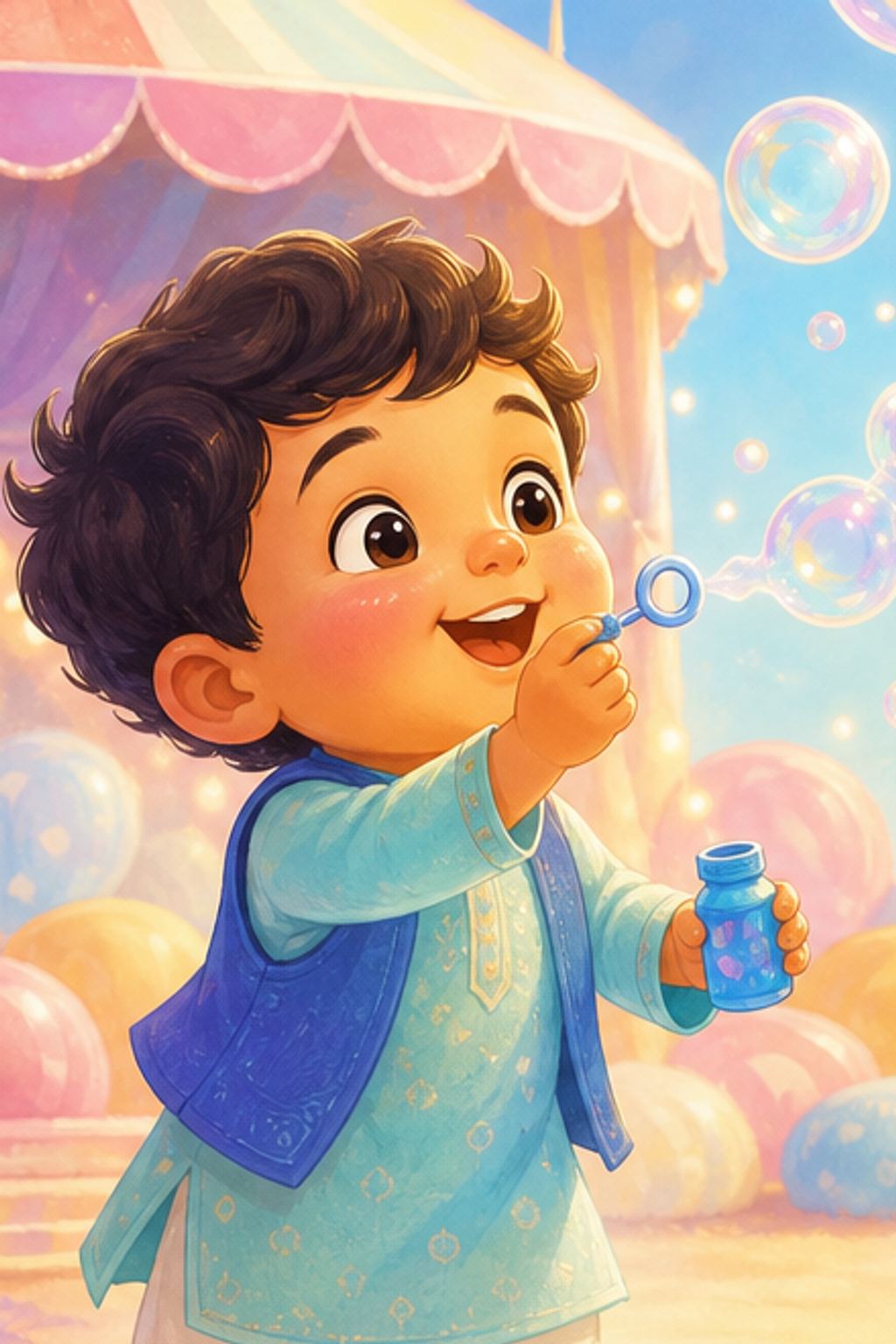 Illustration of a toddler blowing soap bubbles in a soft, colourful play garden.