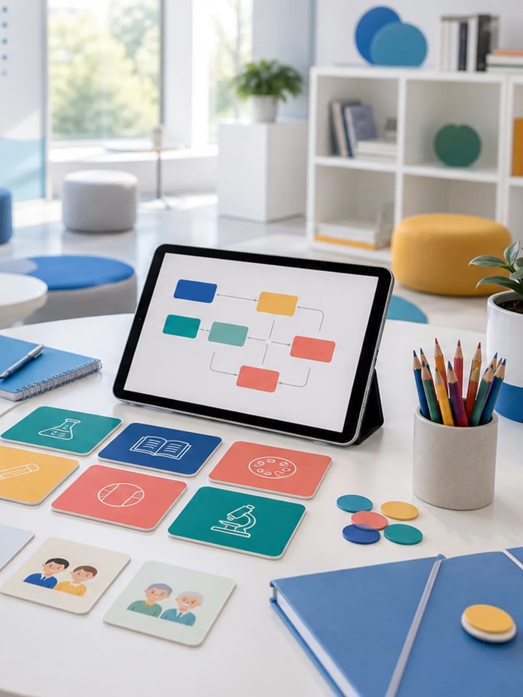 A bright discovery table with a tablet of colour-coded learning paths and study cards