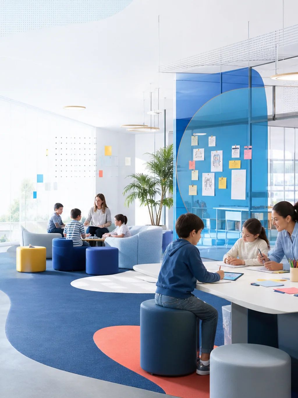 Learners and educators working in small groups in an open, light-filled learning commons