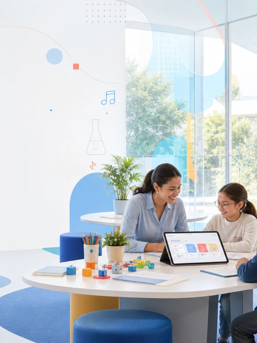 A family working together at a round table in a bright learning studio