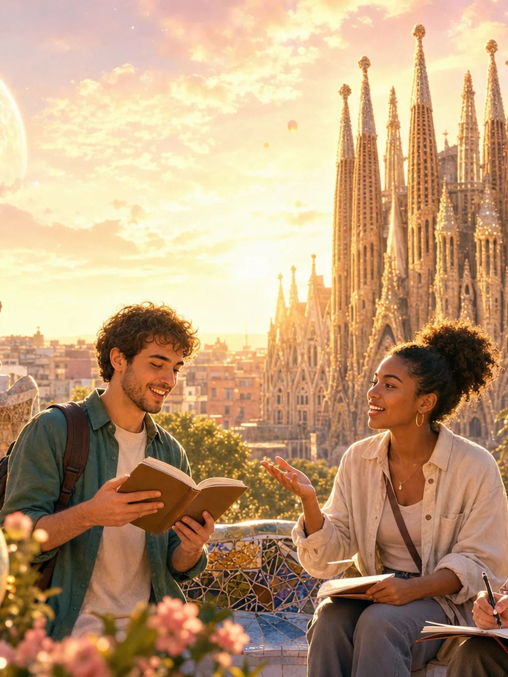 Friends studying a phrasebook and notes together on a terrace above a sunlit city