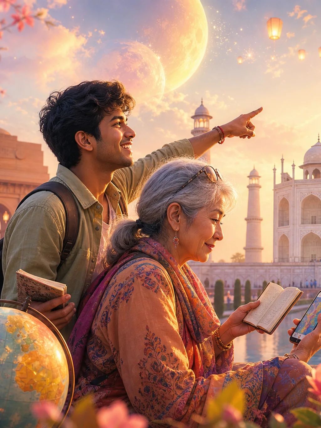 A learner and her grandmother reading together near the Taj Mahal