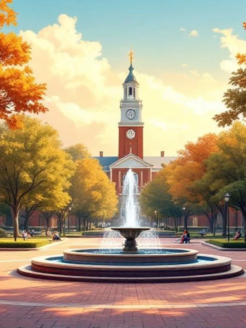 A university campus with a clock tower and fountain in autumn