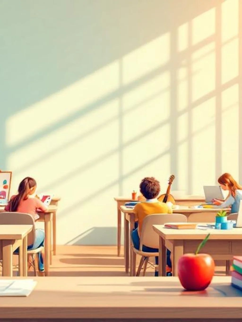 A sunlit classroom with children working at their desks