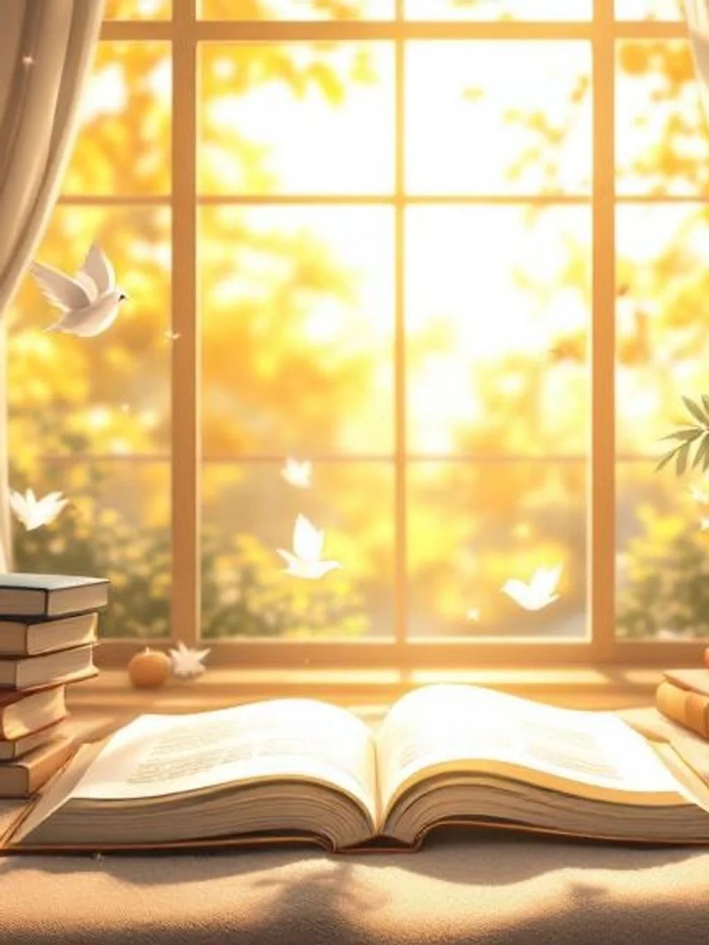 An open book on a window seat in a warm, book-lined reading room