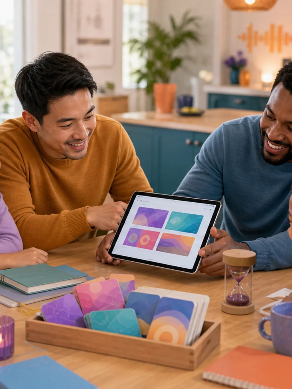 Two families sharing a tablet around a table covered with learning cards