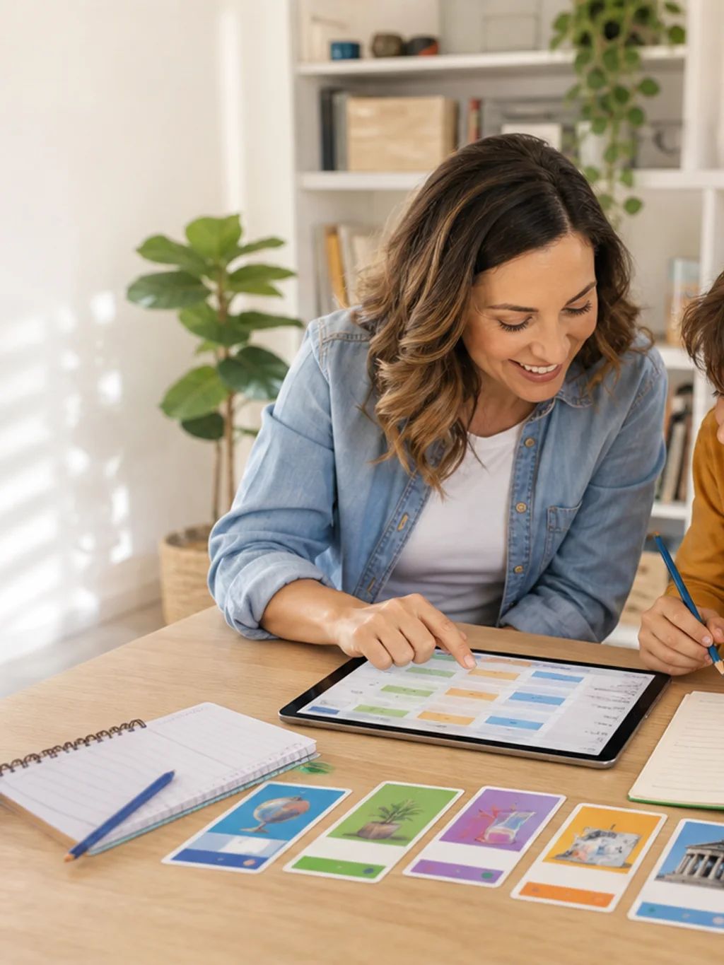 A parent and child planning lessons on a tablet with colourful curriculum cards