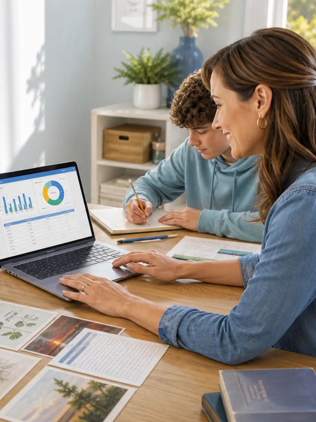 A parent reviewing progress charts on a laptop while a child works beside her