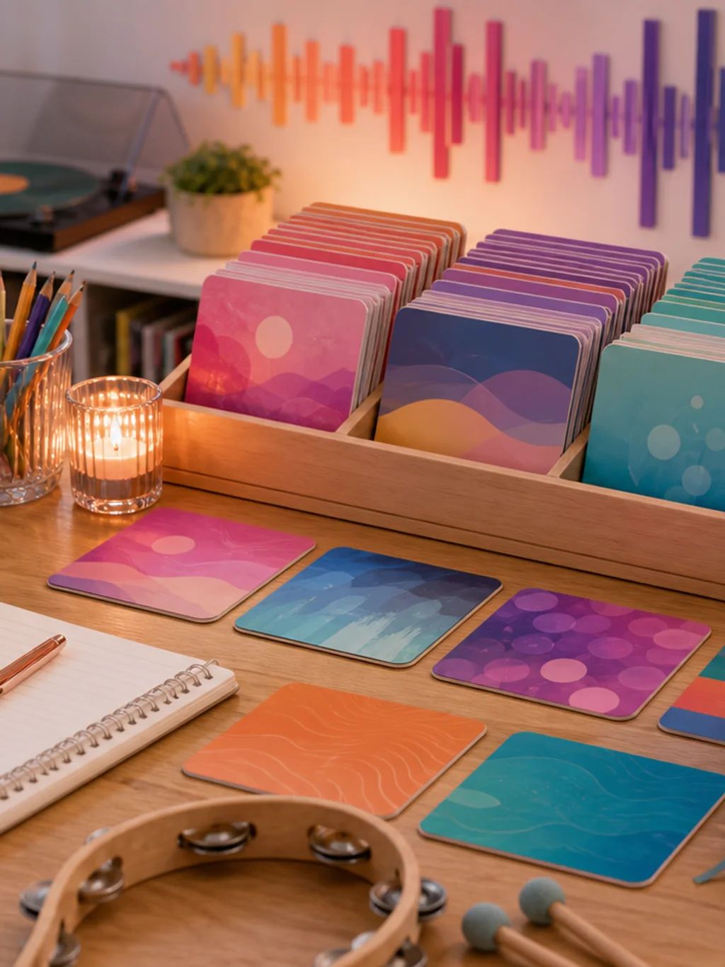 Colourful music collection cards, headphones and a notebook on a wooden desk