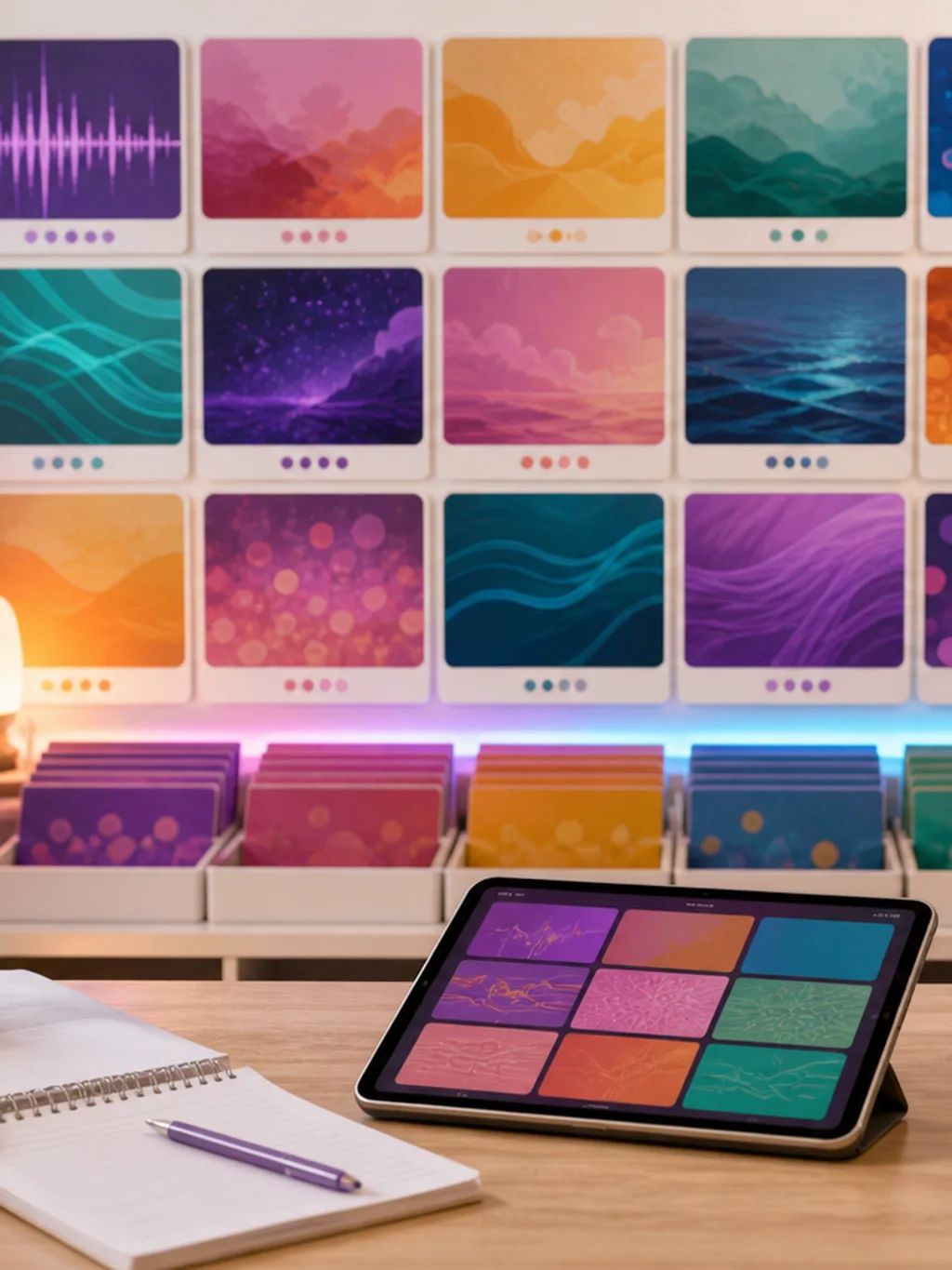 A wall of colourful music cover cards above instruments and a tablet