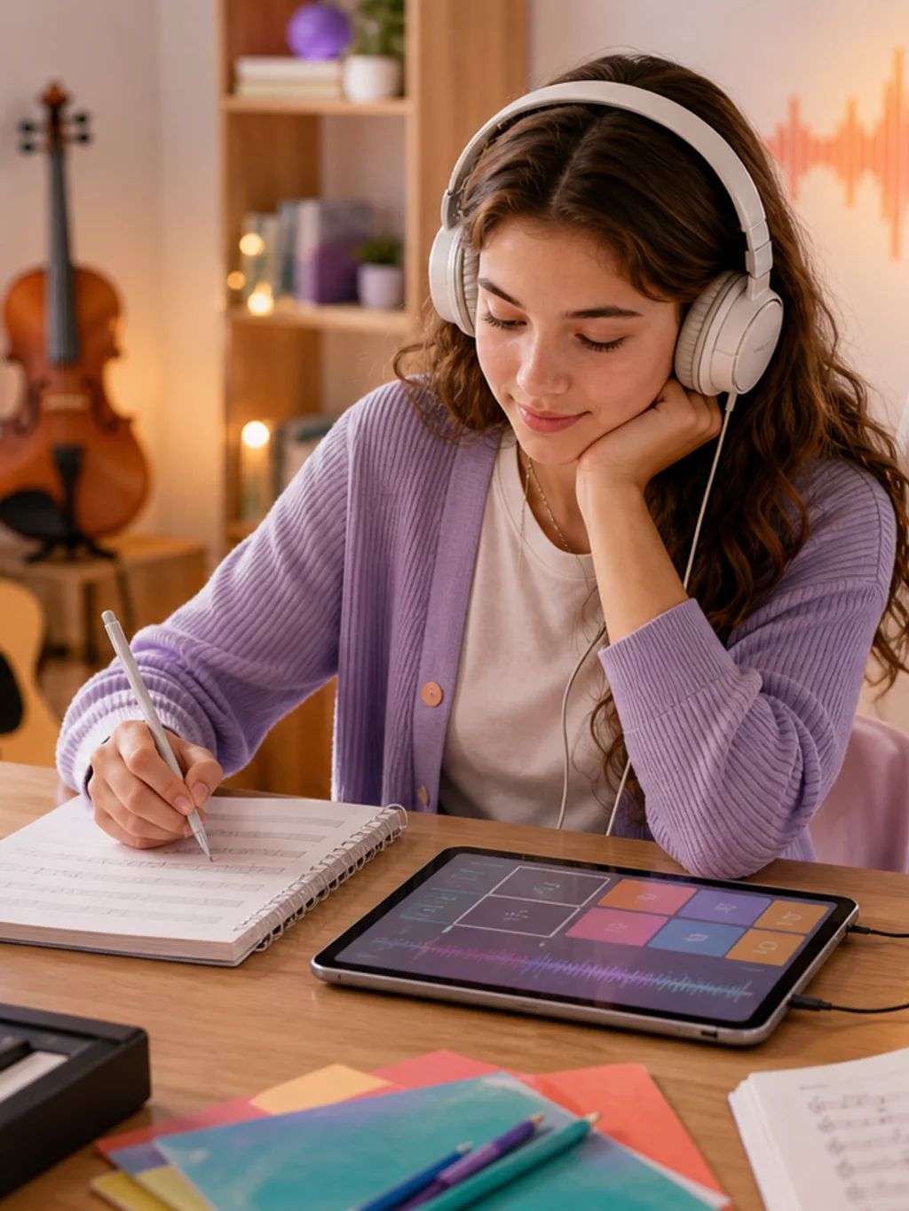 A bright Koydo music learning studio with headphones, instruments, and study materials