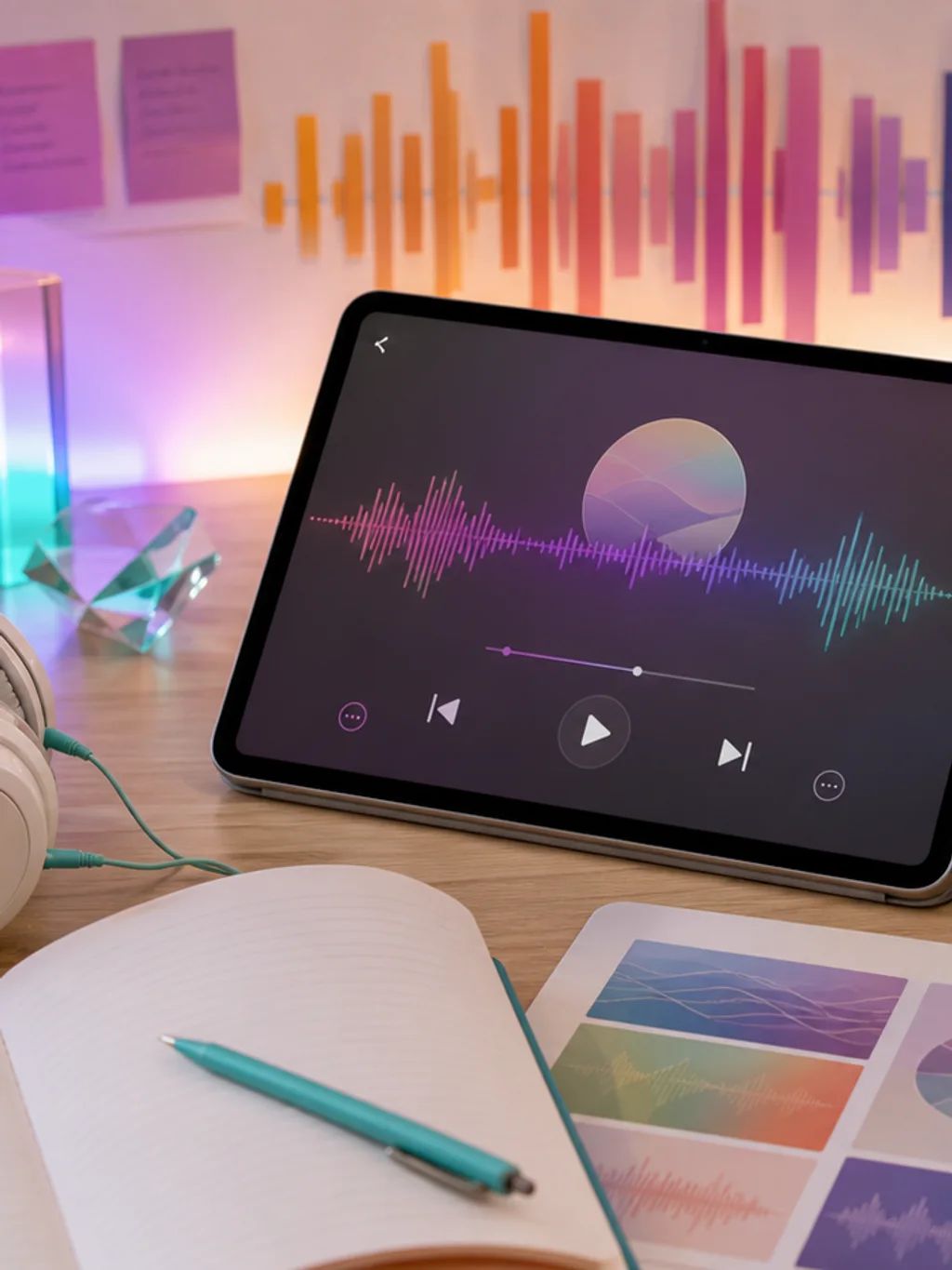 A tablet playing a song beside headphones and an open notebook