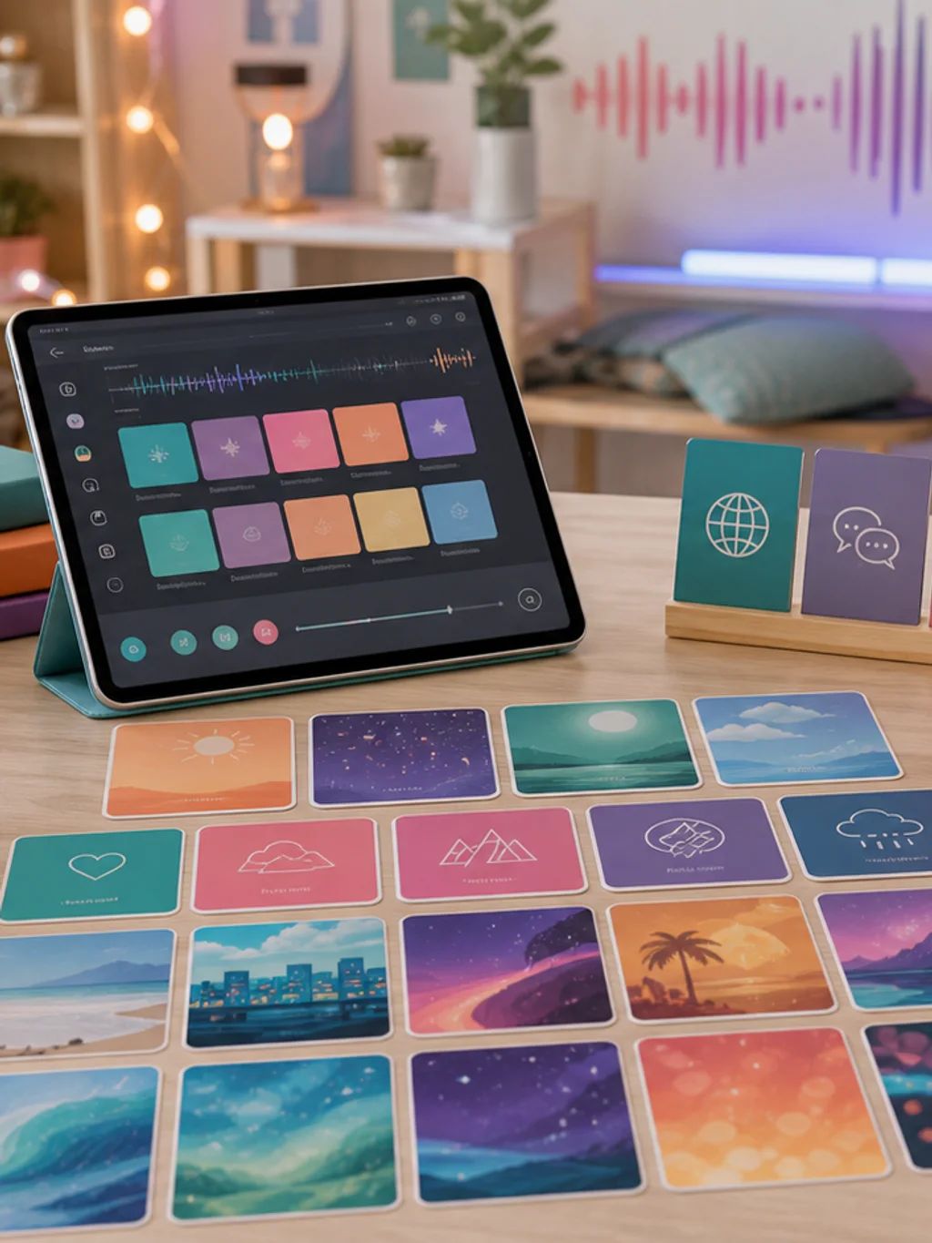 A tablet showing a grid of songs surrounded by colourful album cards