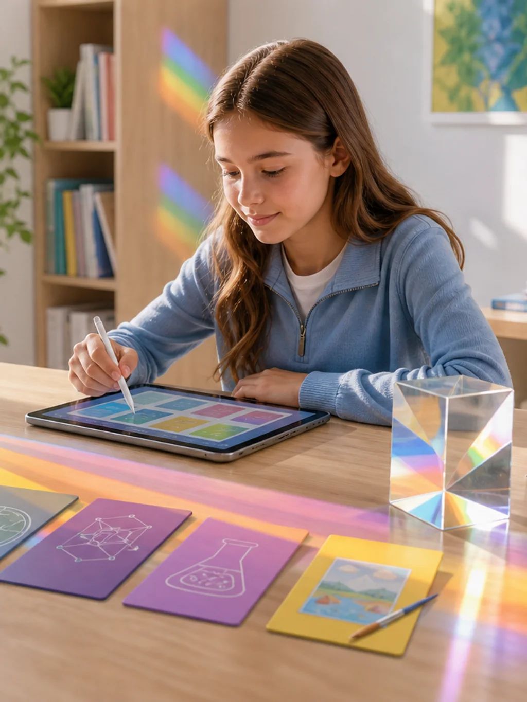 A girl working through a lesson on a tablet with colourful study cards
