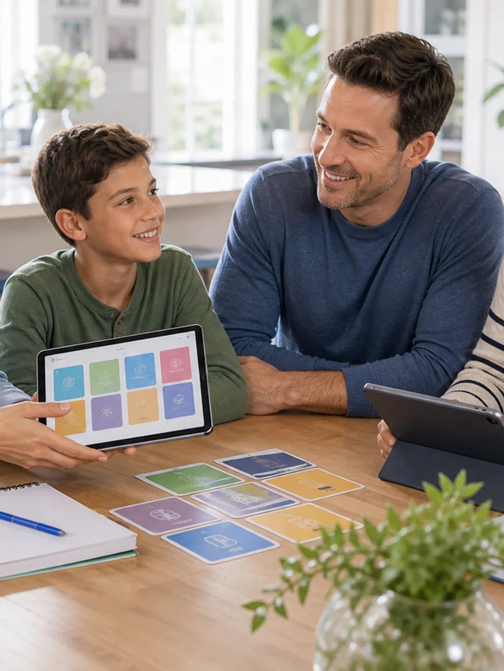 Parents and children talking around a table with tablets and notebooks