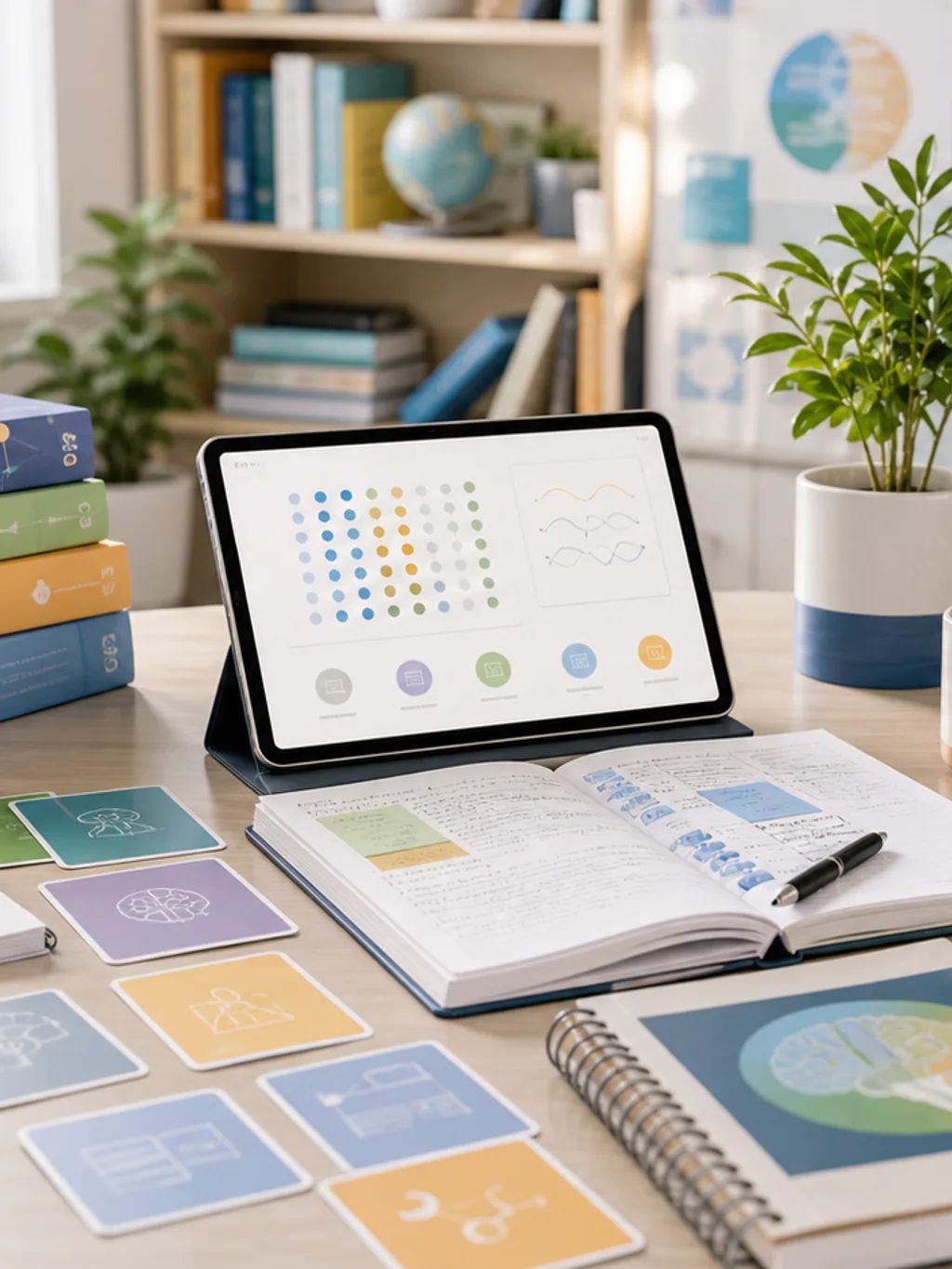 A research desk with a tablet of charts, notebooks, a microscope and a globe