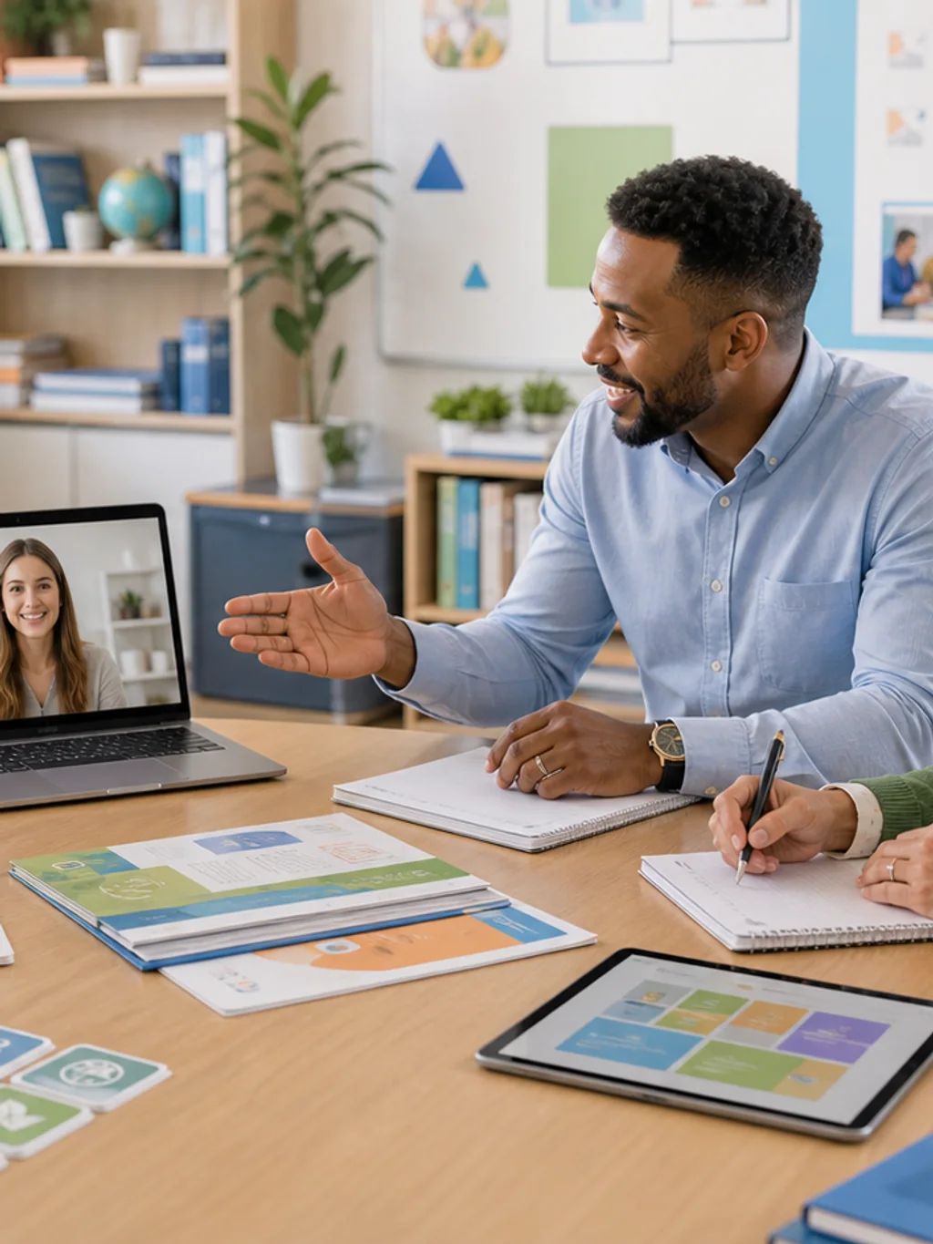 Educators meeting around a table with a video call and planning materials