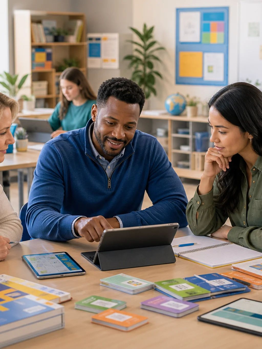 Teachers and a school leader planning together in a classroom