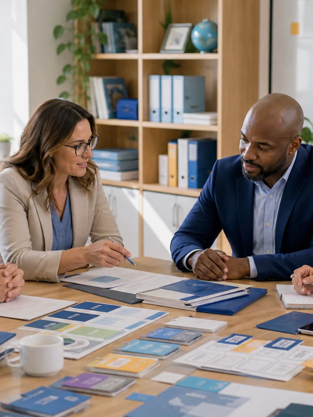 School administrators reviewing plans together at a conference table