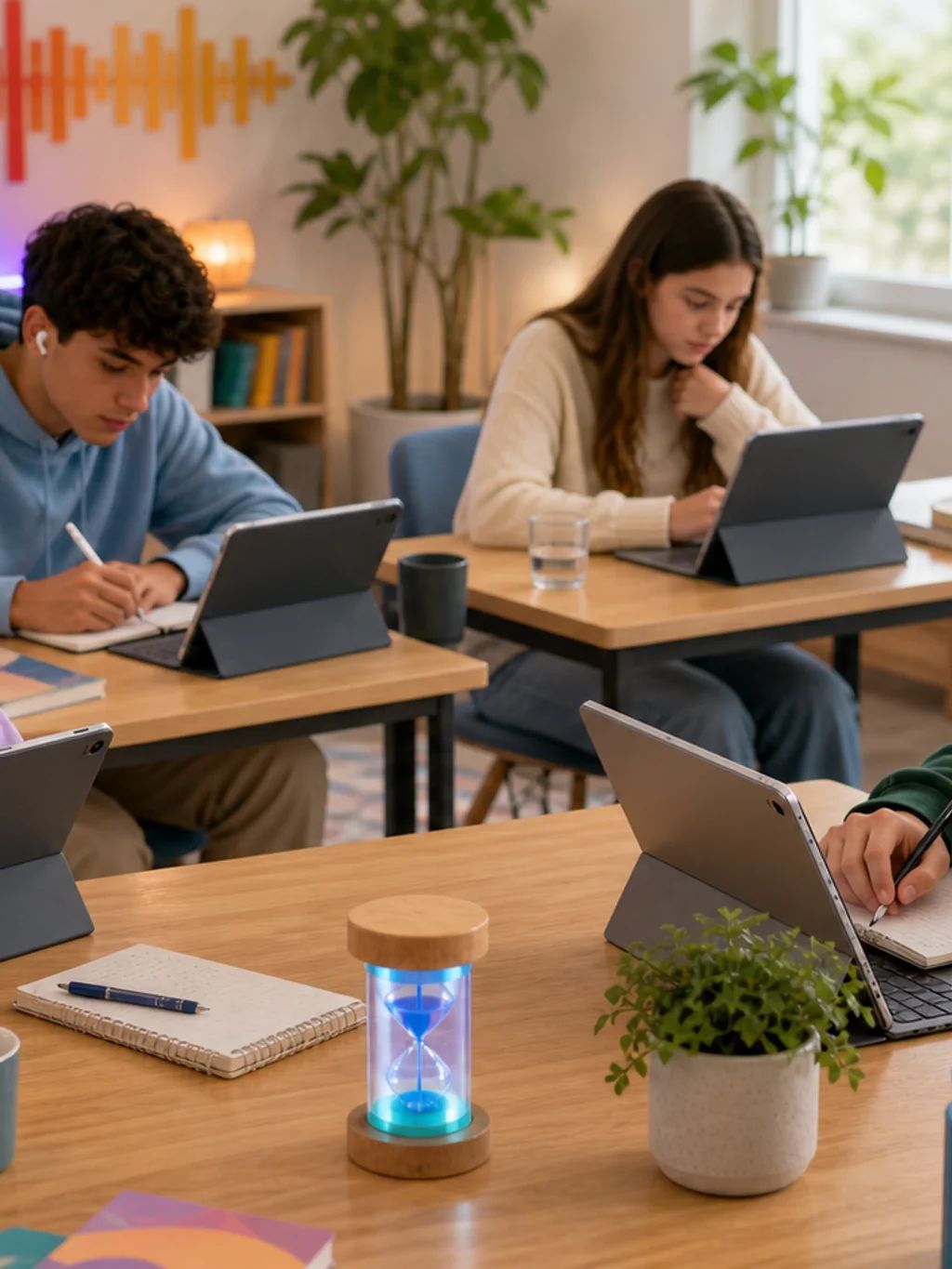 Students studying together at a shared table with tablets