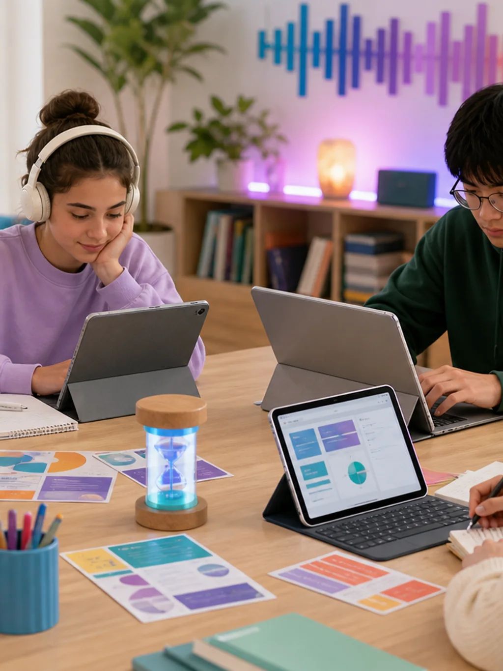 Teenagers studying side by side with headphones and tablets