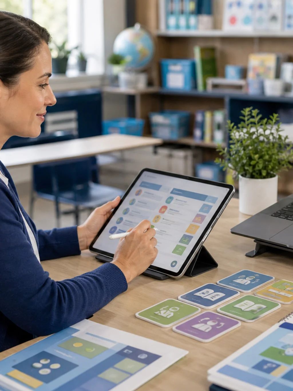 A teacher reviewing class progress on a tablet and laptop