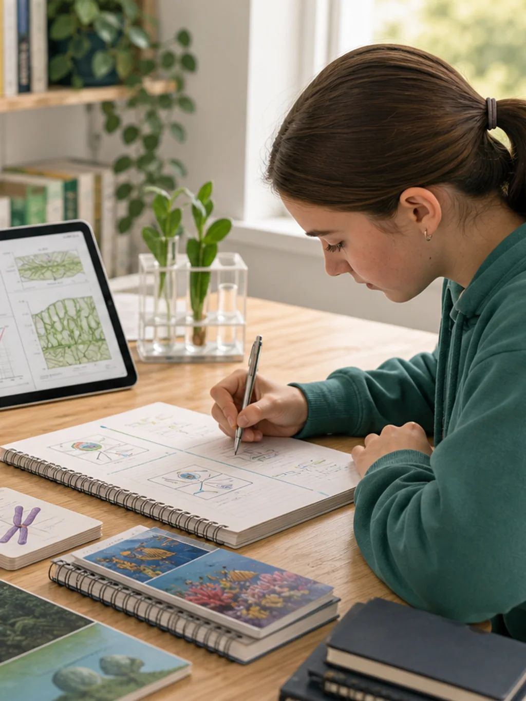 A student studying biology notes beside a microscope and a cell model