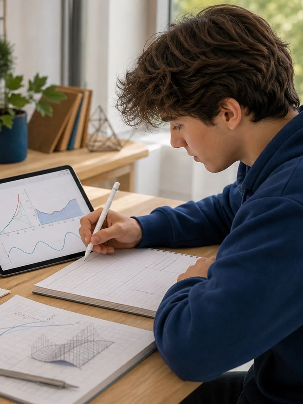 A student working calculus problems beside a tablet showing graphs