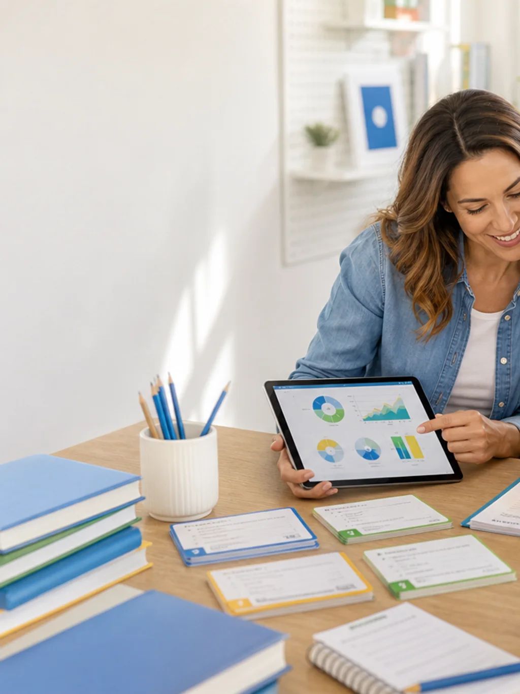 A parent and teenager reviewing a study plan on a tablet