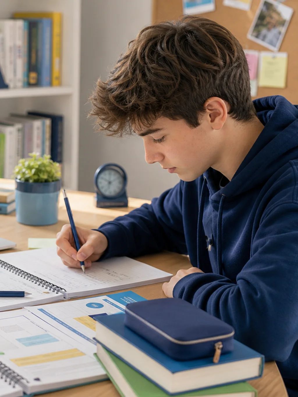 A teenager practising test questions at a desk with a laptop of charts