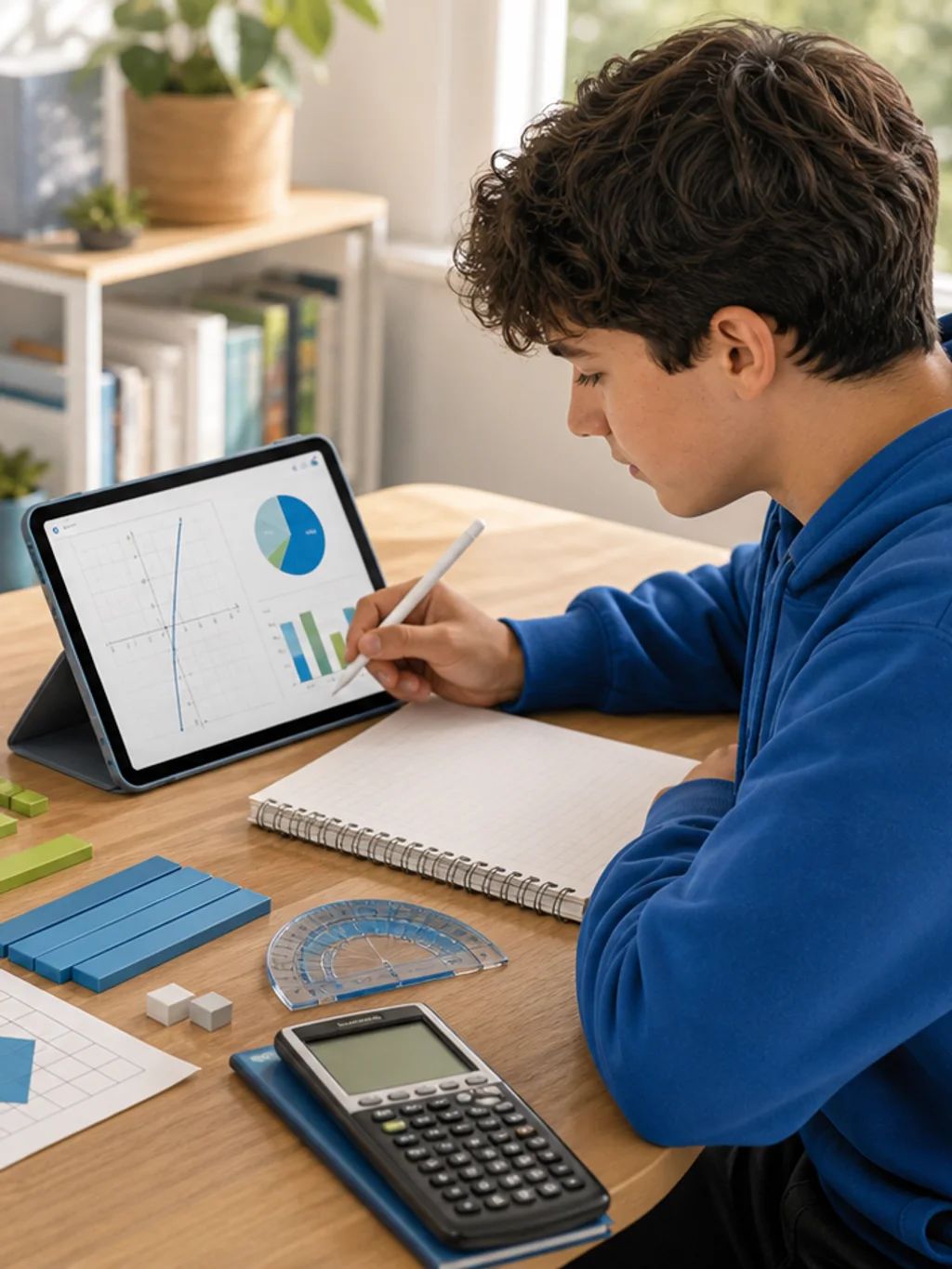 A student solving maths problems with a calculator and a tablet