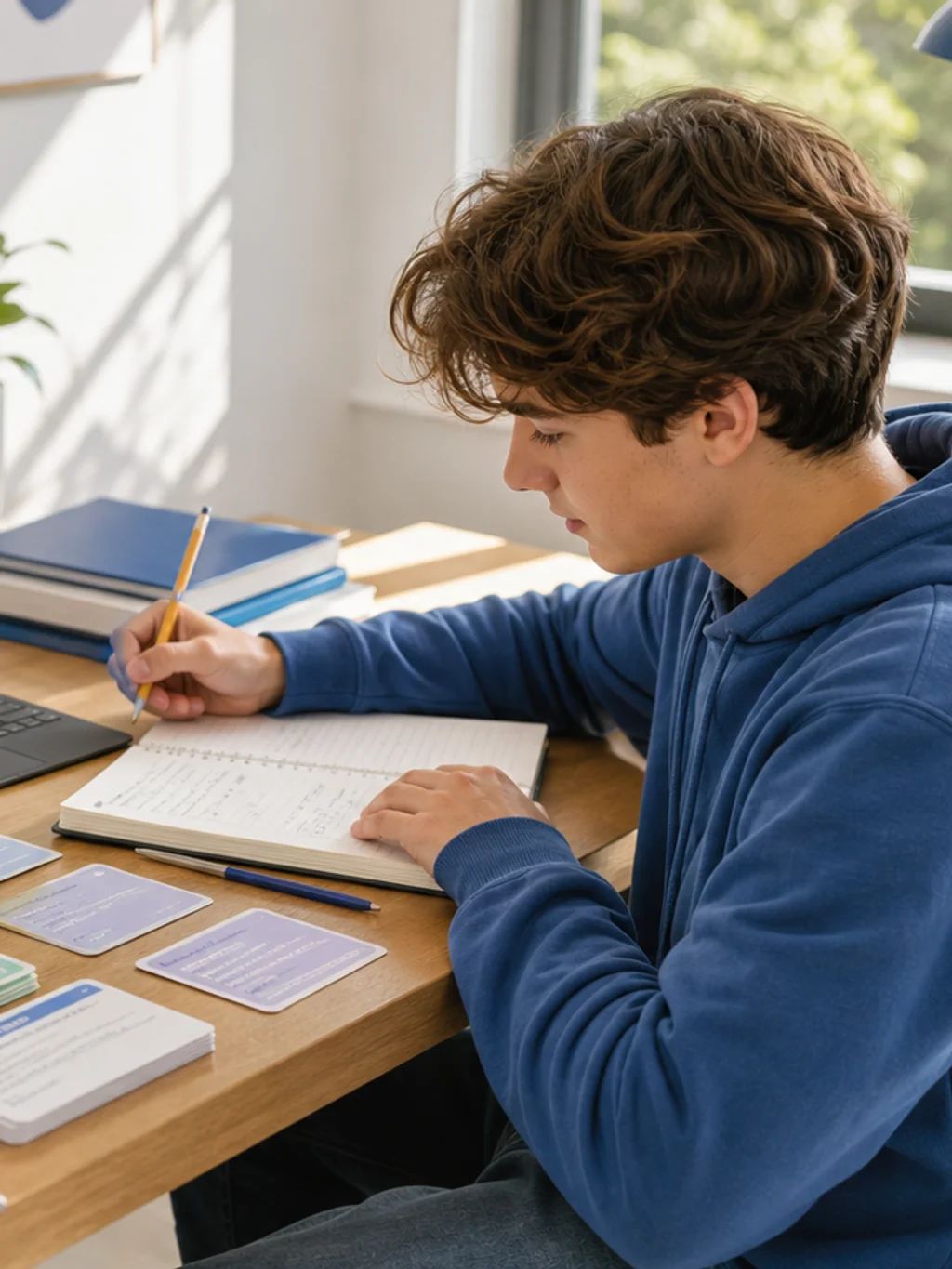A teenager planning study sessions with a laptop calendar and notebooks