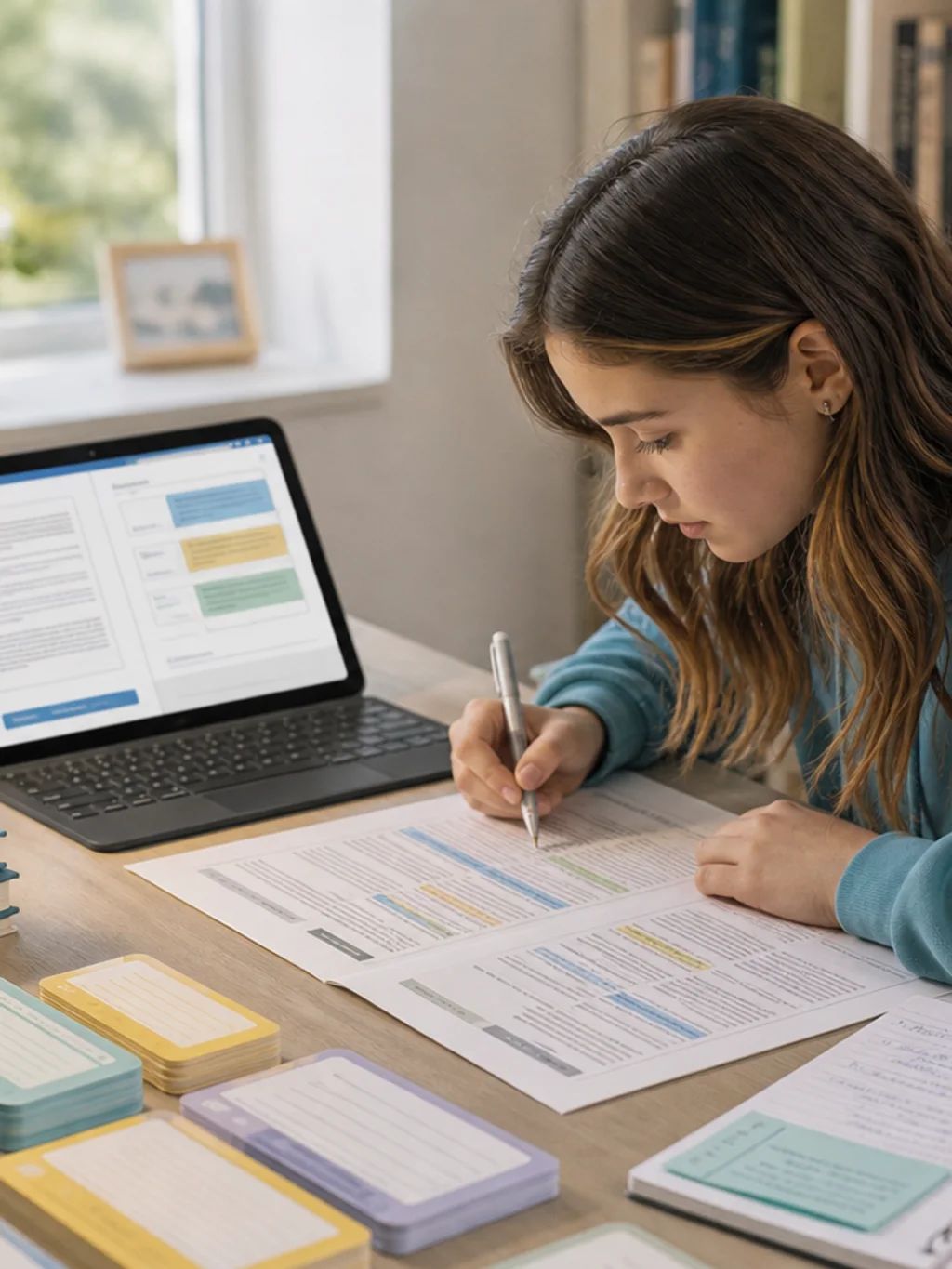 A student annotating a reading passage beside a laptop