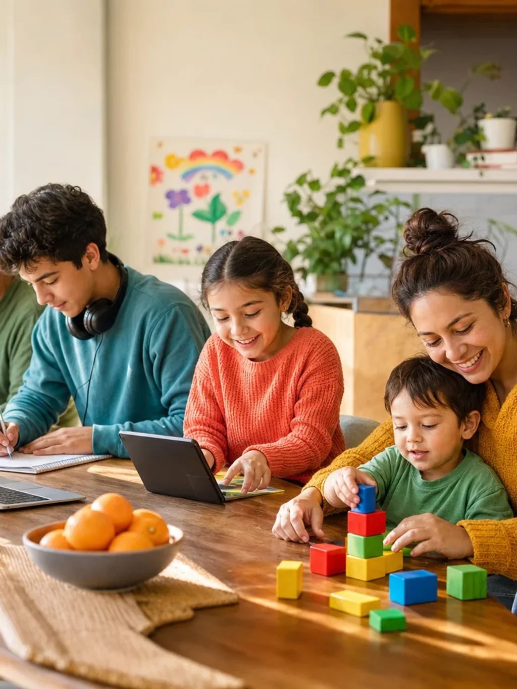 A family learning together at a sunlit kitchen table: a toddler stacking blocks with her mother, a girl on a tablet, a teenager writing, and a grandfather reading with a young child
