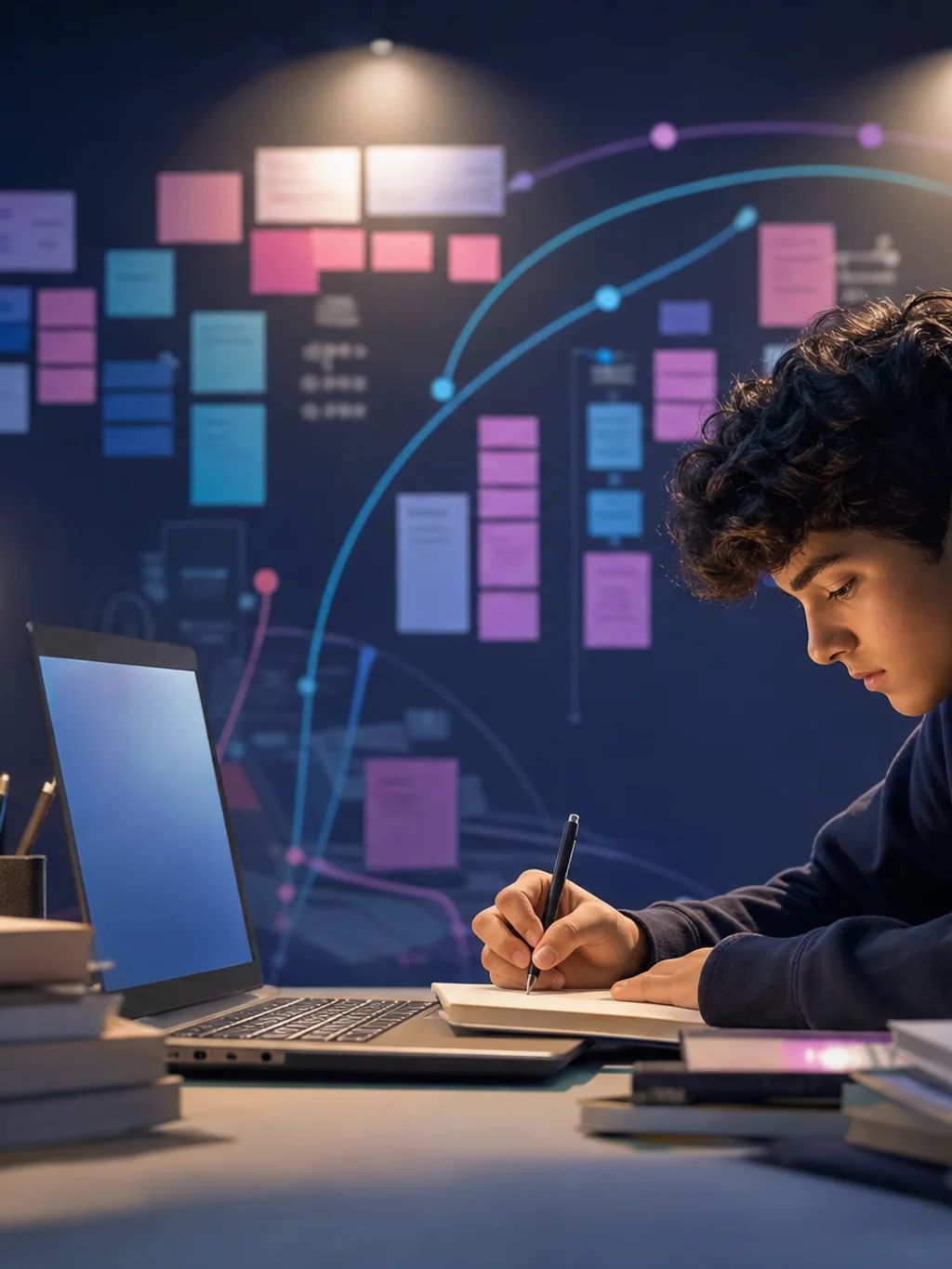 A teenager writing notes at a desk lamp beside a wall of colourful study cards