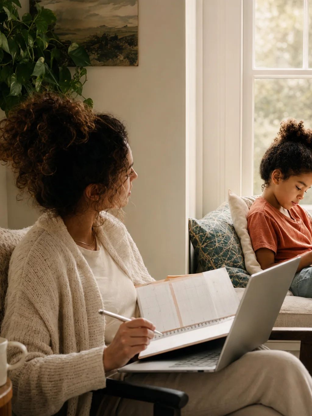 A parent working on a laptop while a child reads on a window seat