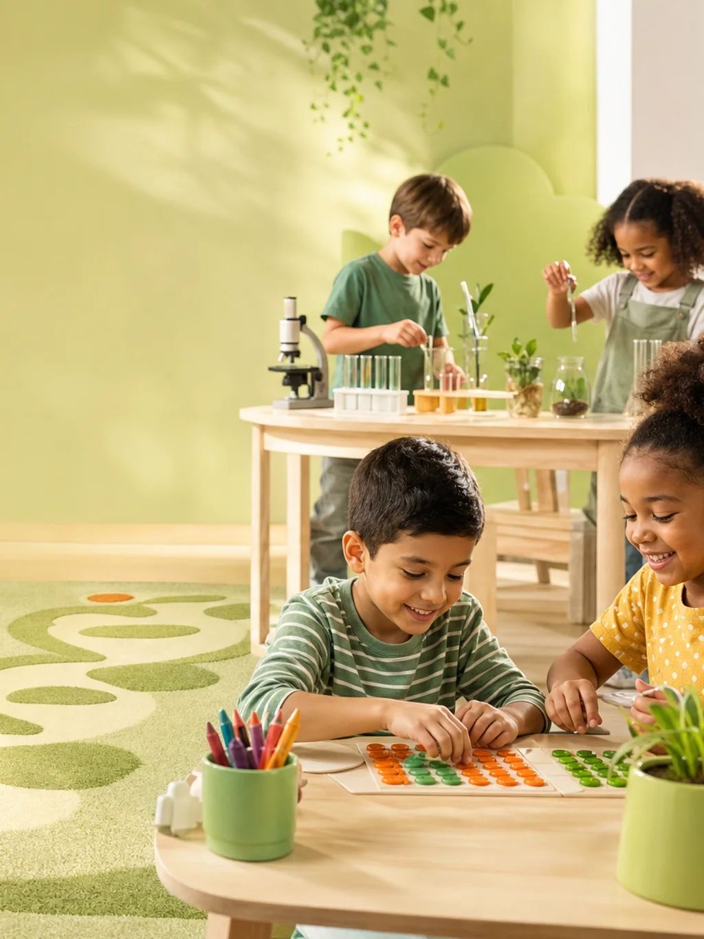 Young children counting with coloured beads and exploring a classroom science corner