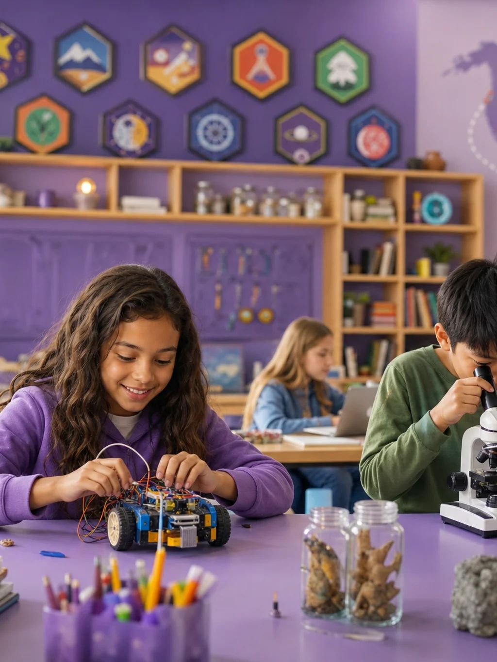 Children building a small robot, painting and looking through a microscope in a bright learning room