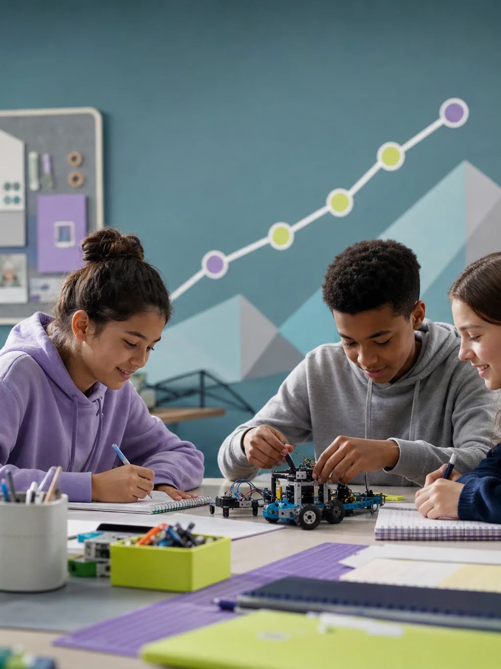 Students sketching graphs and building a robotics kit around a shared table