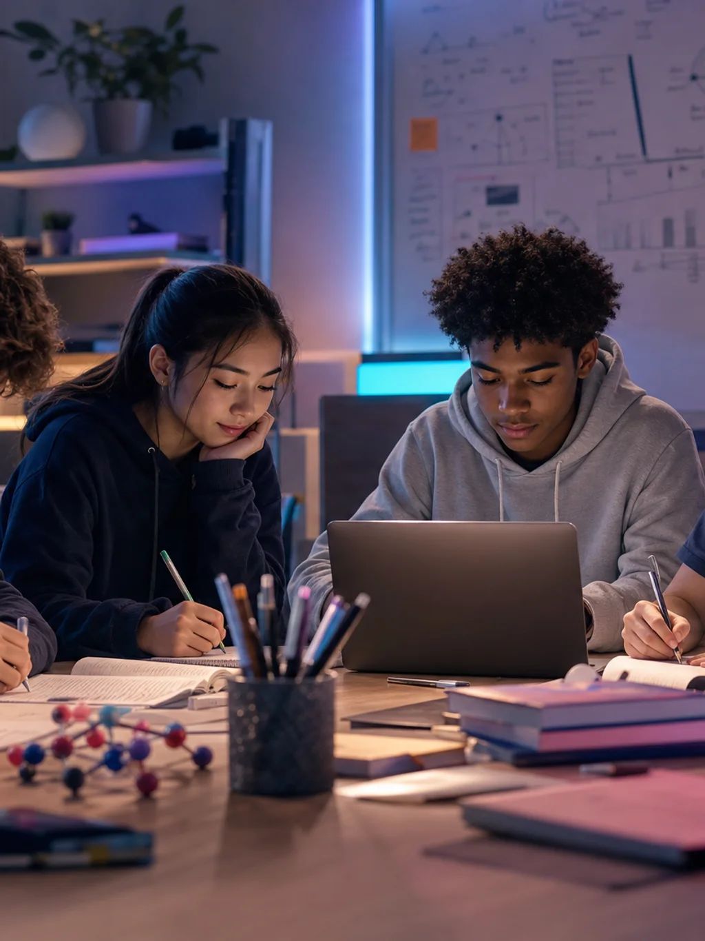 Teenagers studying together late in the evening with notebooks, a laptop and a molecule model