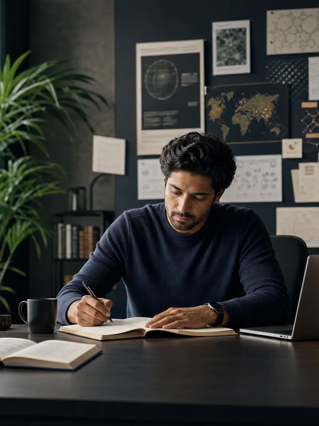 An adult learner studying at a desk surrounded by books and notes