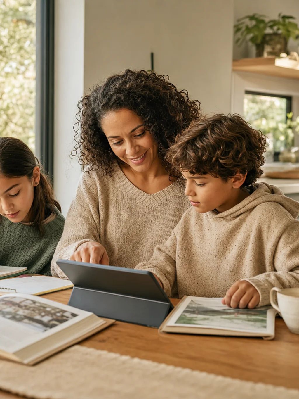 A parent homeschooling two children at a kitchen table with books and a tablet