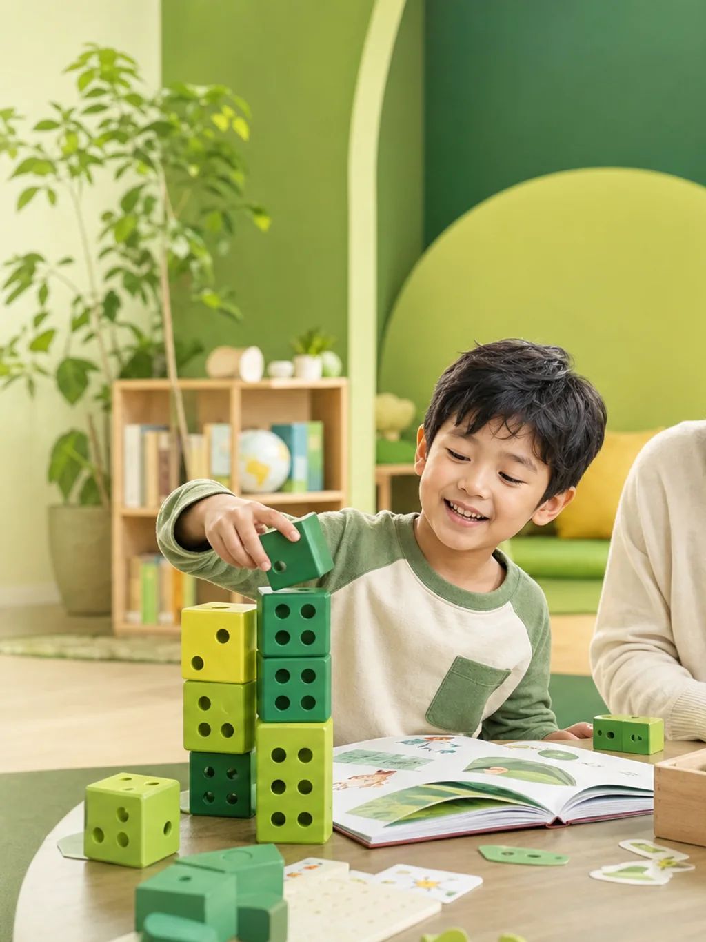 A young child building with green number blocks beside a smiling parent