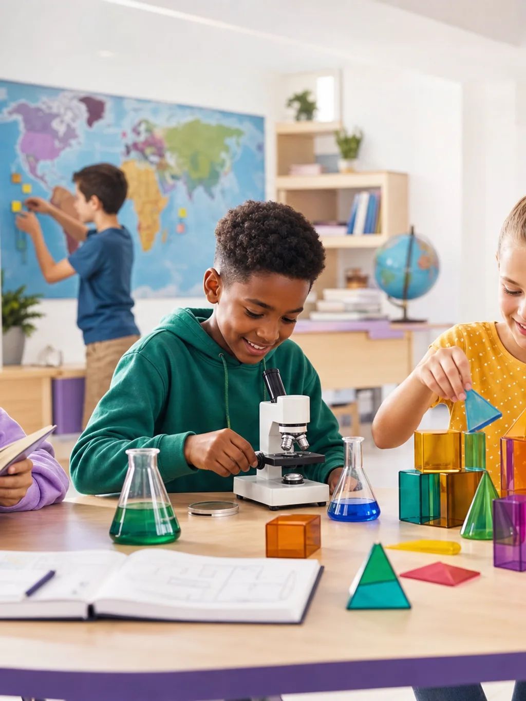 Children reading, using a microscope and building with geometric shapes at a classroom table
