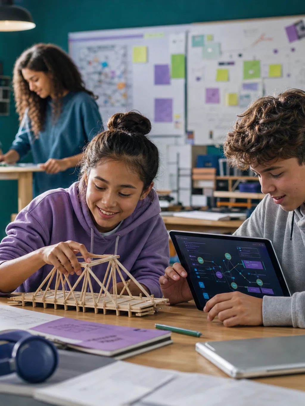 Middle-schoolers working together on a bridge model and a tablet project