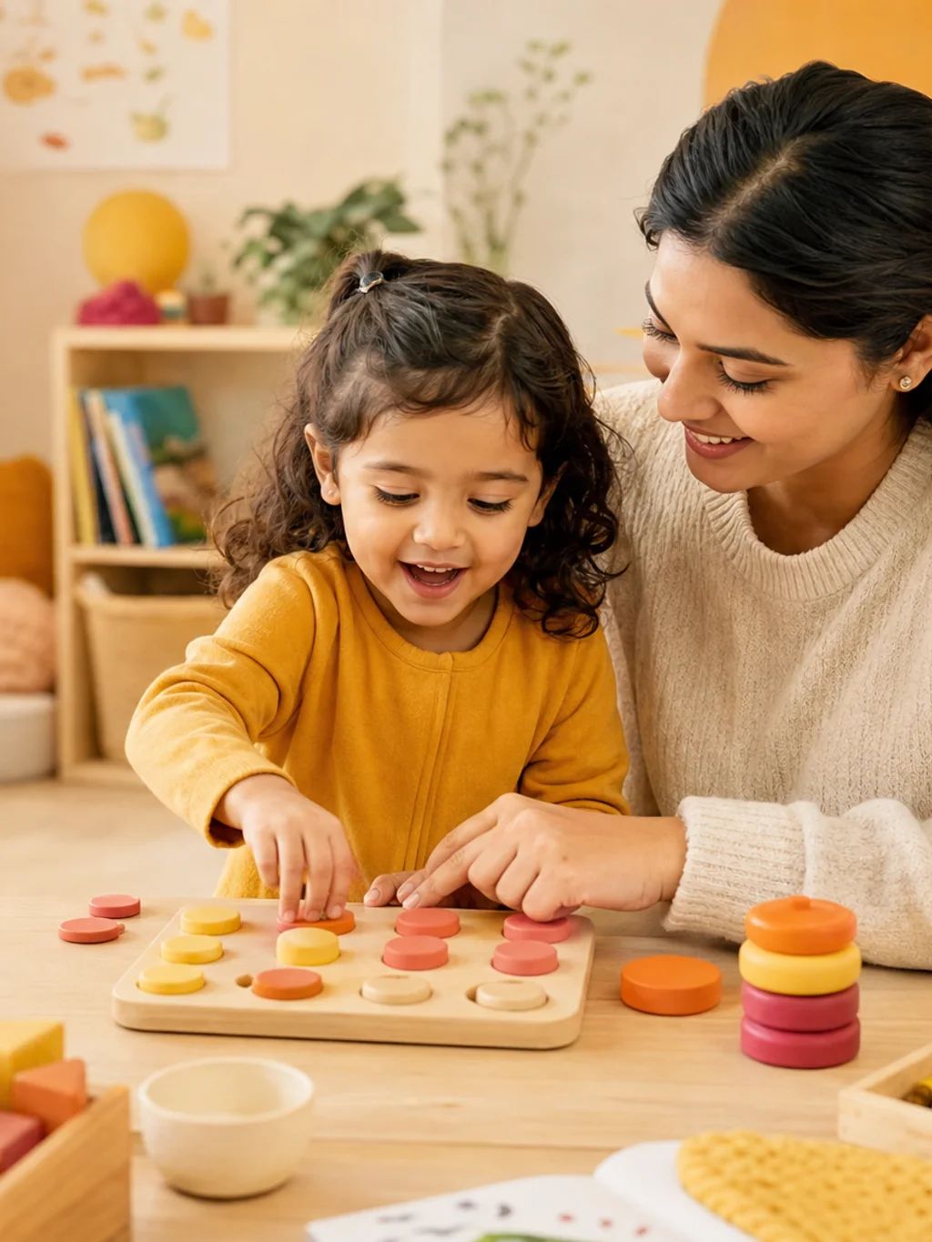 A parent and a preschooler fitting colourful wooden shapes into a puzzle board