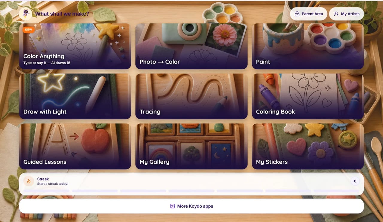 Koydo Art Studio home: tiles for Color Anything, Photo to Color, Paint, Draw with Light, Tracing and a coloring book.